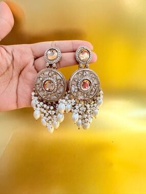 Elegant Gold and Pearl Drop Earrings with Champagne Crystals